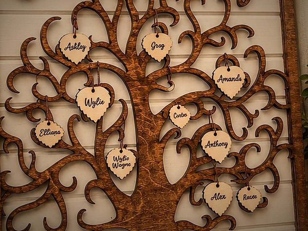 Close-up of a stained layered family tree with names cut on heart tags