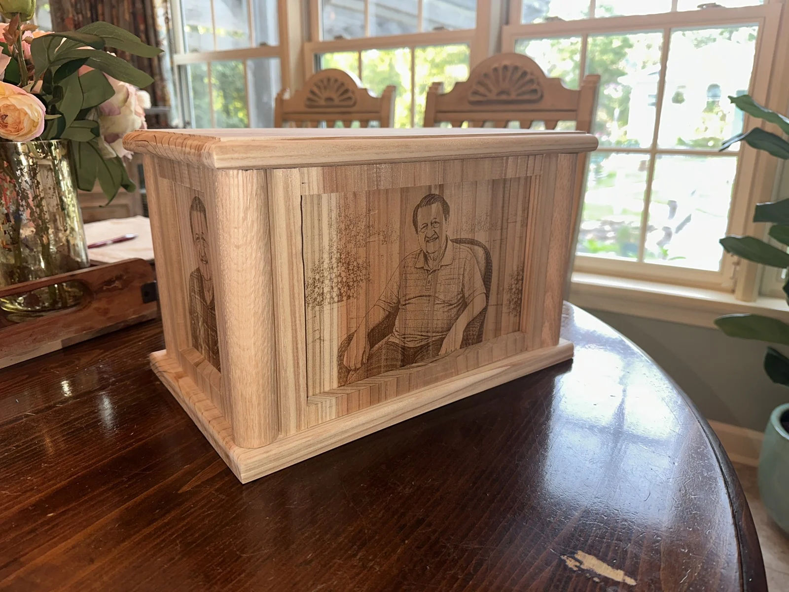 Portrait side of a personalized cedar urn