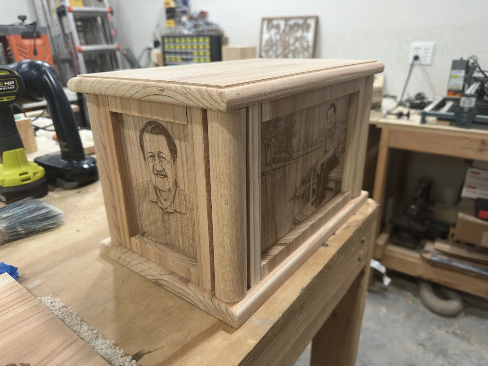 Cedar urn during construction in the shop