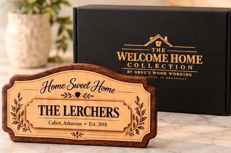 Personalized Home Sweet Home sign with a black Welcome Home Collection gift box